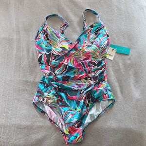 Women's Aqua Green One Piece Swimsuit - Multicolor Tropical Print